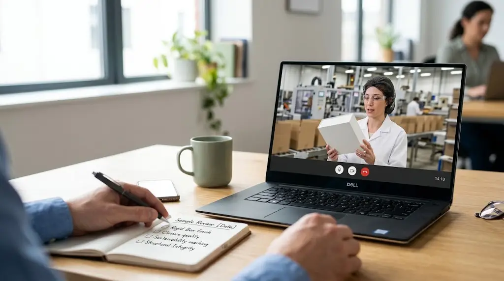 Custom rigid box MOQ verification through live video factory walkthrough